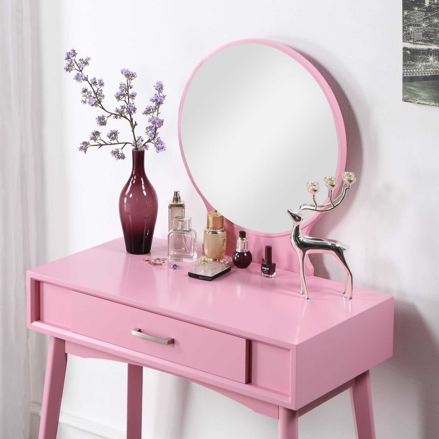 Maly Contemporary Wood Vanity and Stool Set, Pink
