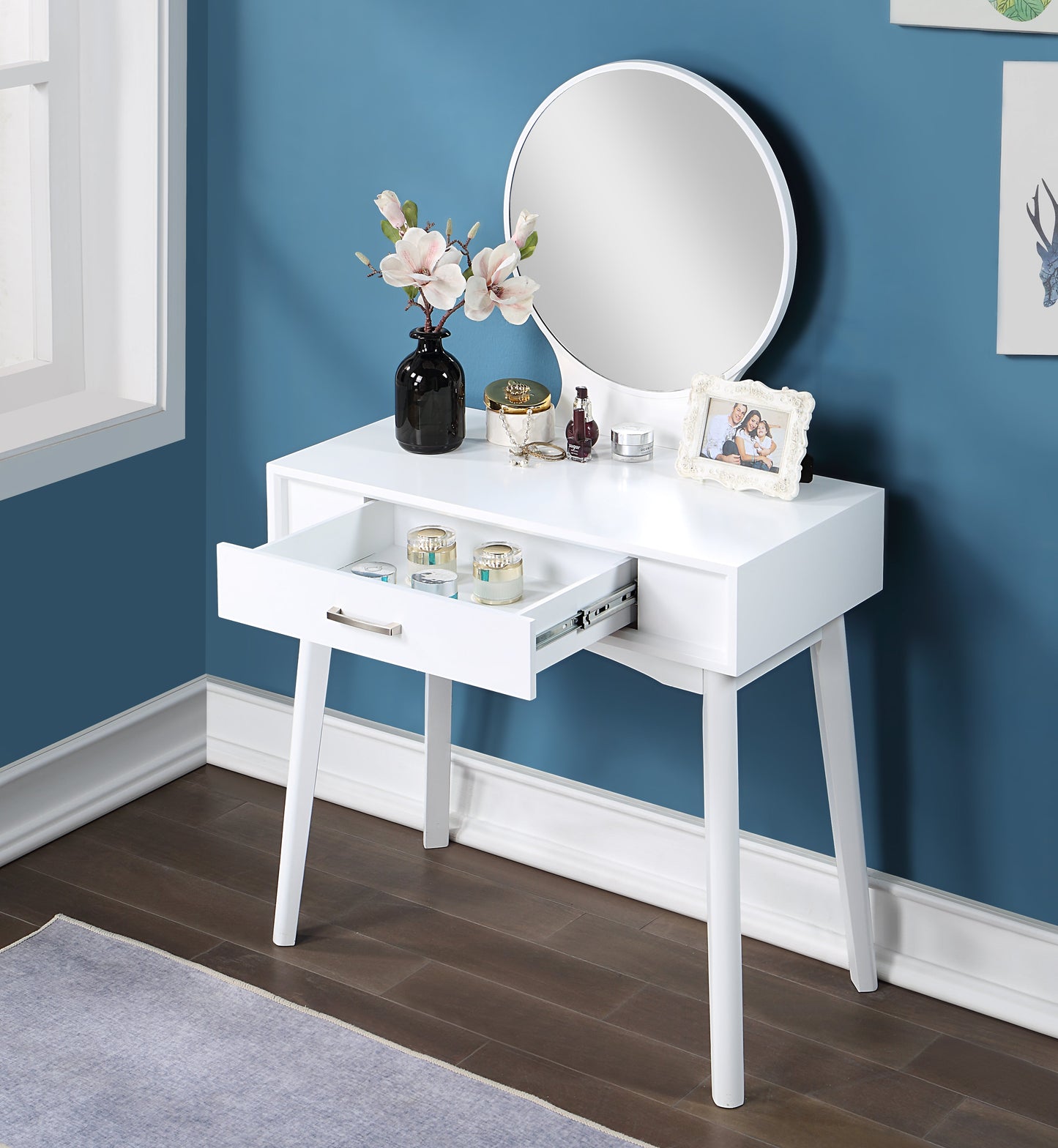 Maly Contemporary Wood Vanity and Stool Set, White