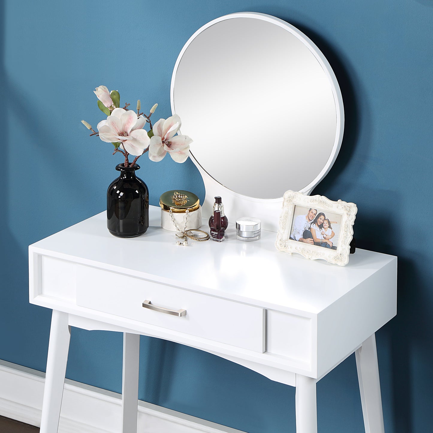 Maly Contemporary Wood Vanity and Stool Set, White