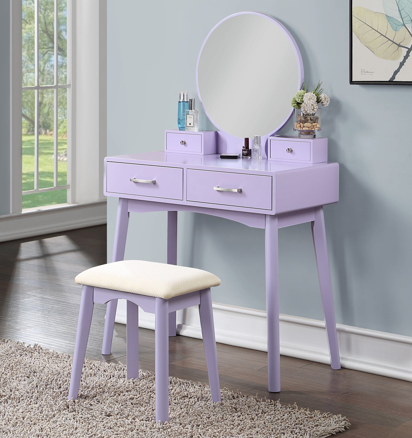 Liannon Contemporary Wood Vanity and Stool Set, Purple