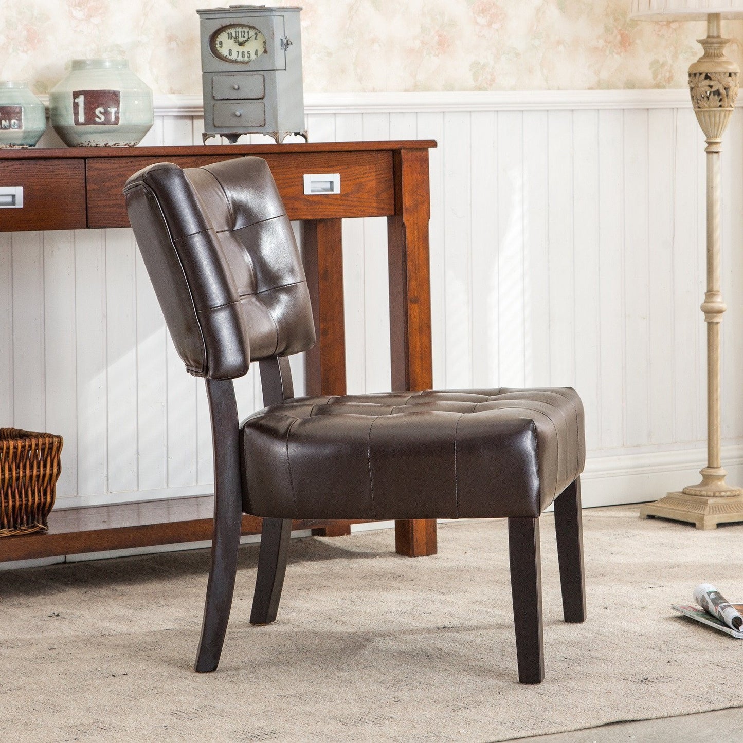 Brown Blended Leather Tufted Back Accent Chair with Oversized Seating