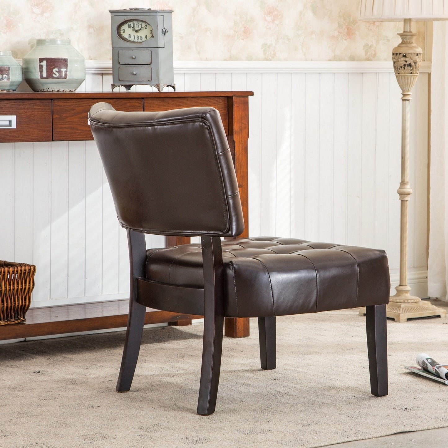 Brown Blended Leather Tufted Back Accent Chair with Oversized Seating