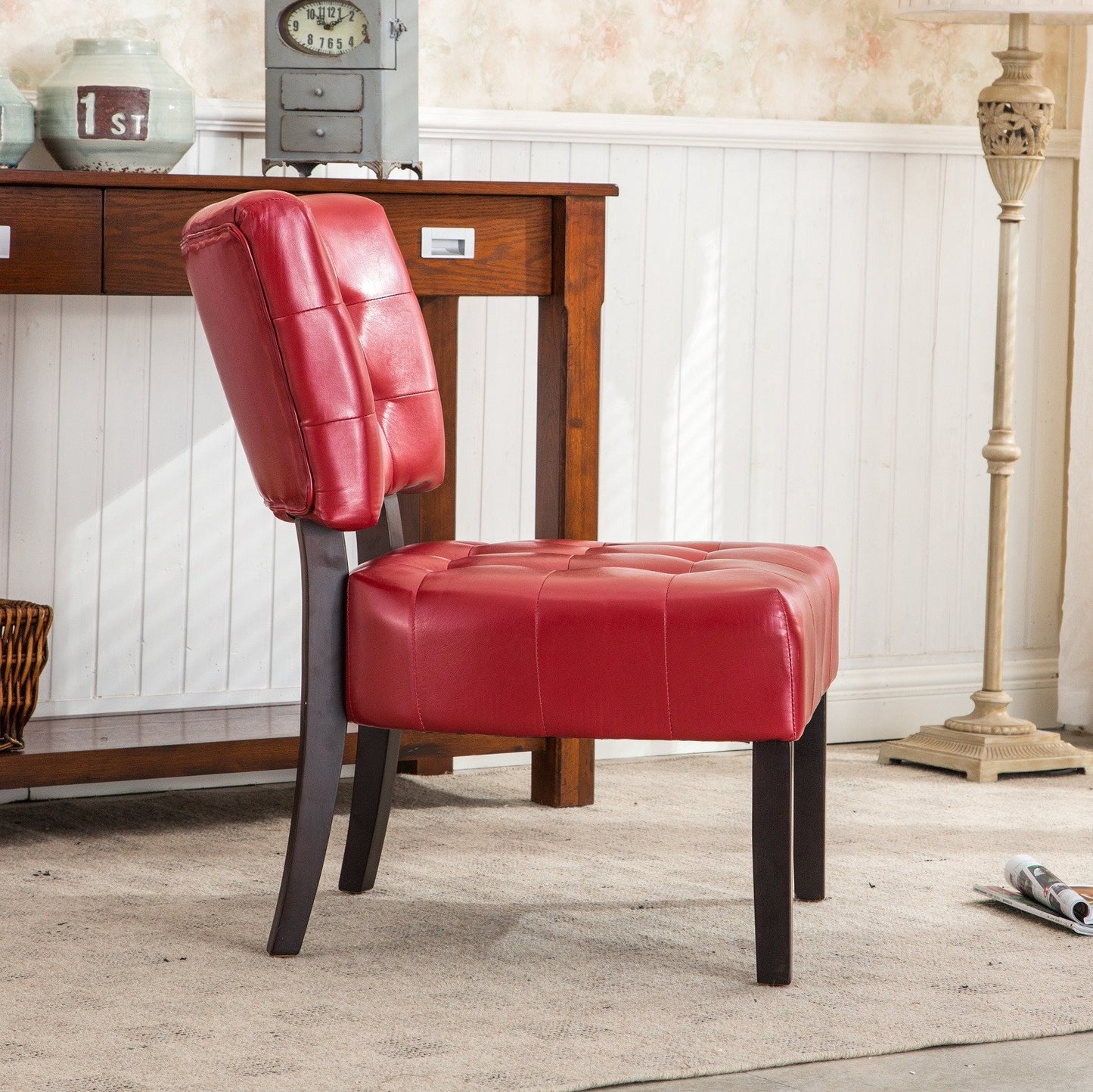 Red Blended Leather Tufted Back Accent Chair with Oversized Seating