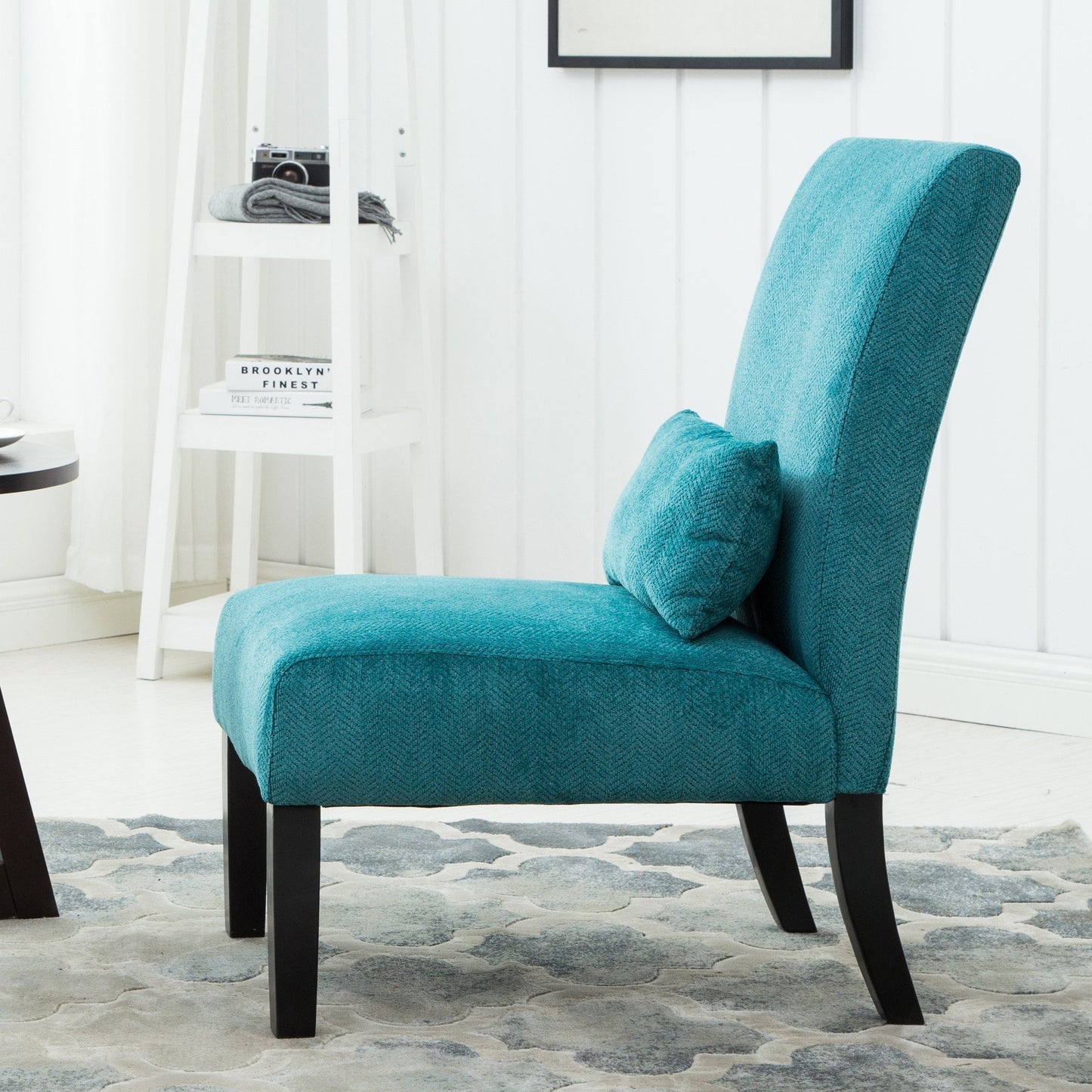 Pisano Teal Blue chenille Fabric Armless Contemporary Accent Chair with Pillow
