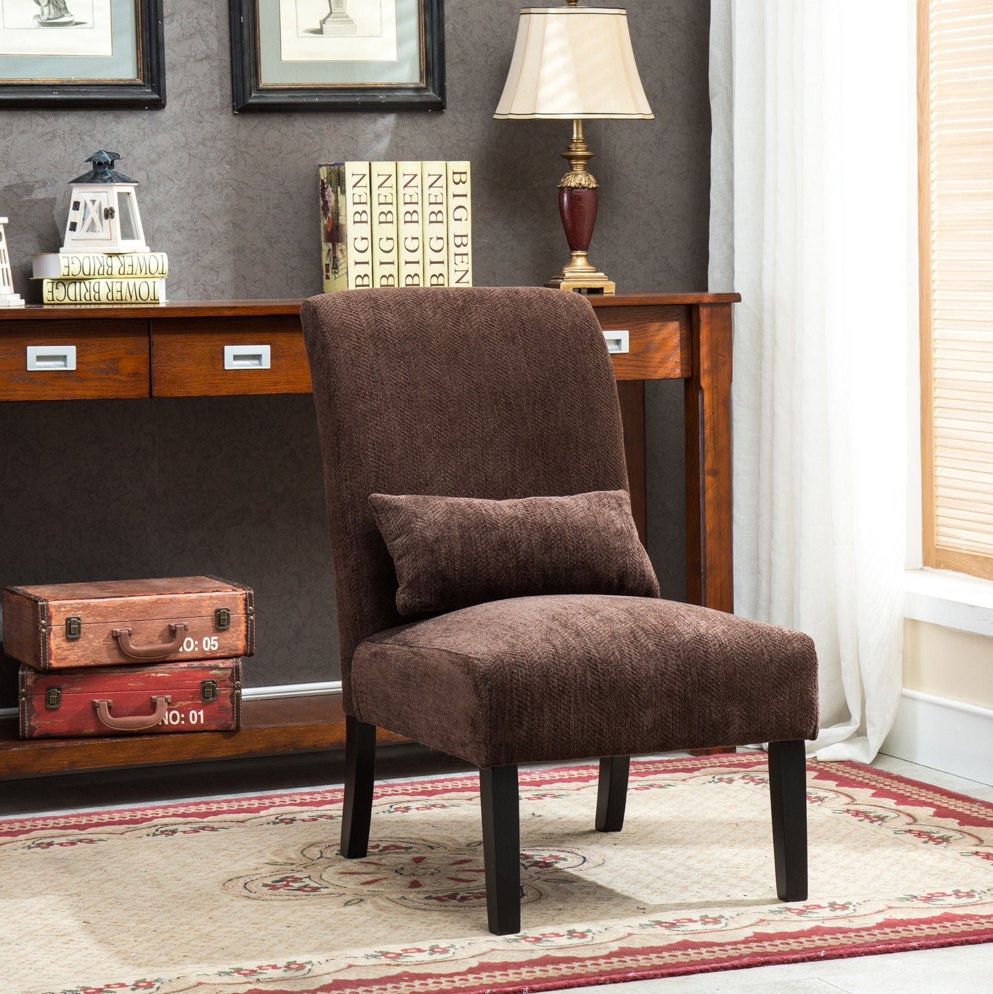 Pisano Chocolate chenille Fabric Armless Contemporary Accent Chair with Pillow