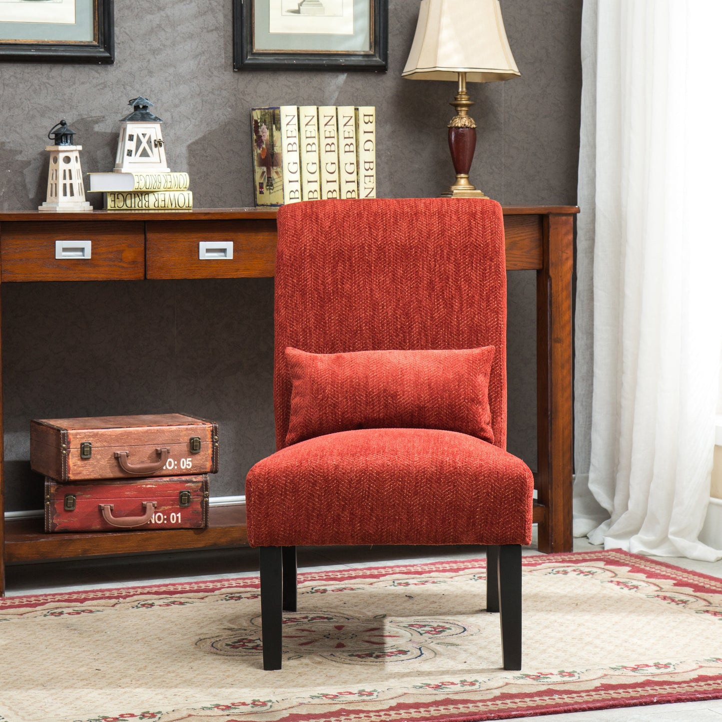 Pisano Red chenille Fabric Armless Contemporary Accent Chair with Pillow