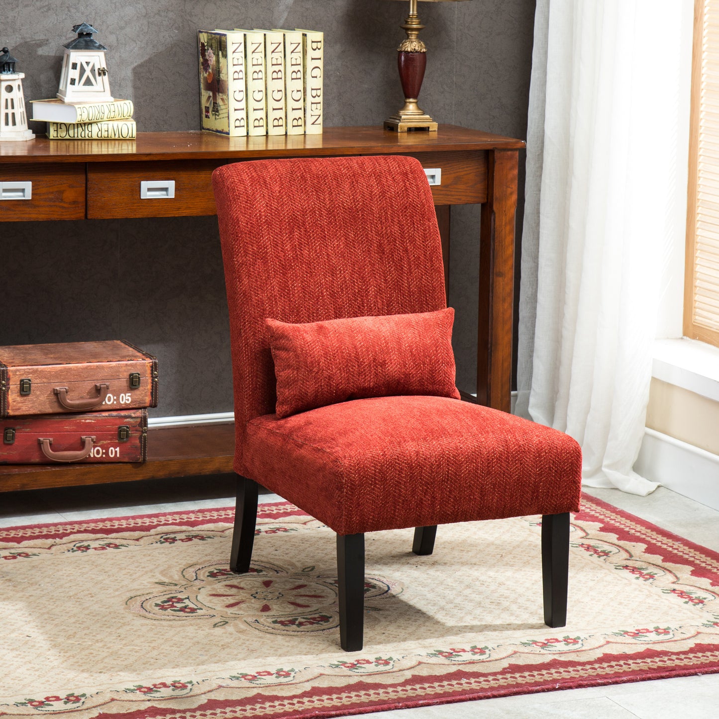 Pisano Red chenille Fabric Armless Contemporary Accent Chair with Pillow