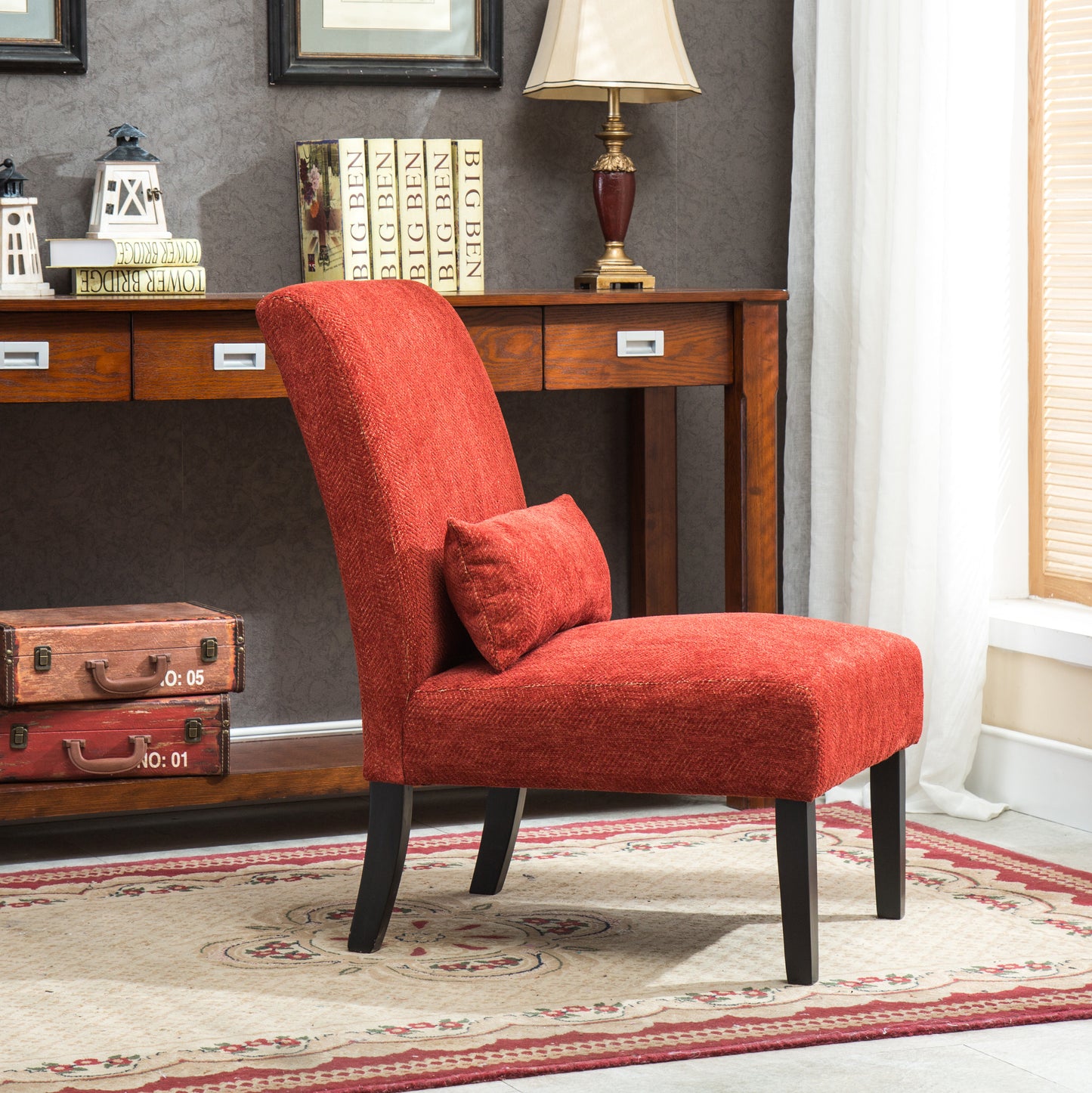 Pisano Red chenille Fabric Armless Contemporary Accent Chair with Pillow