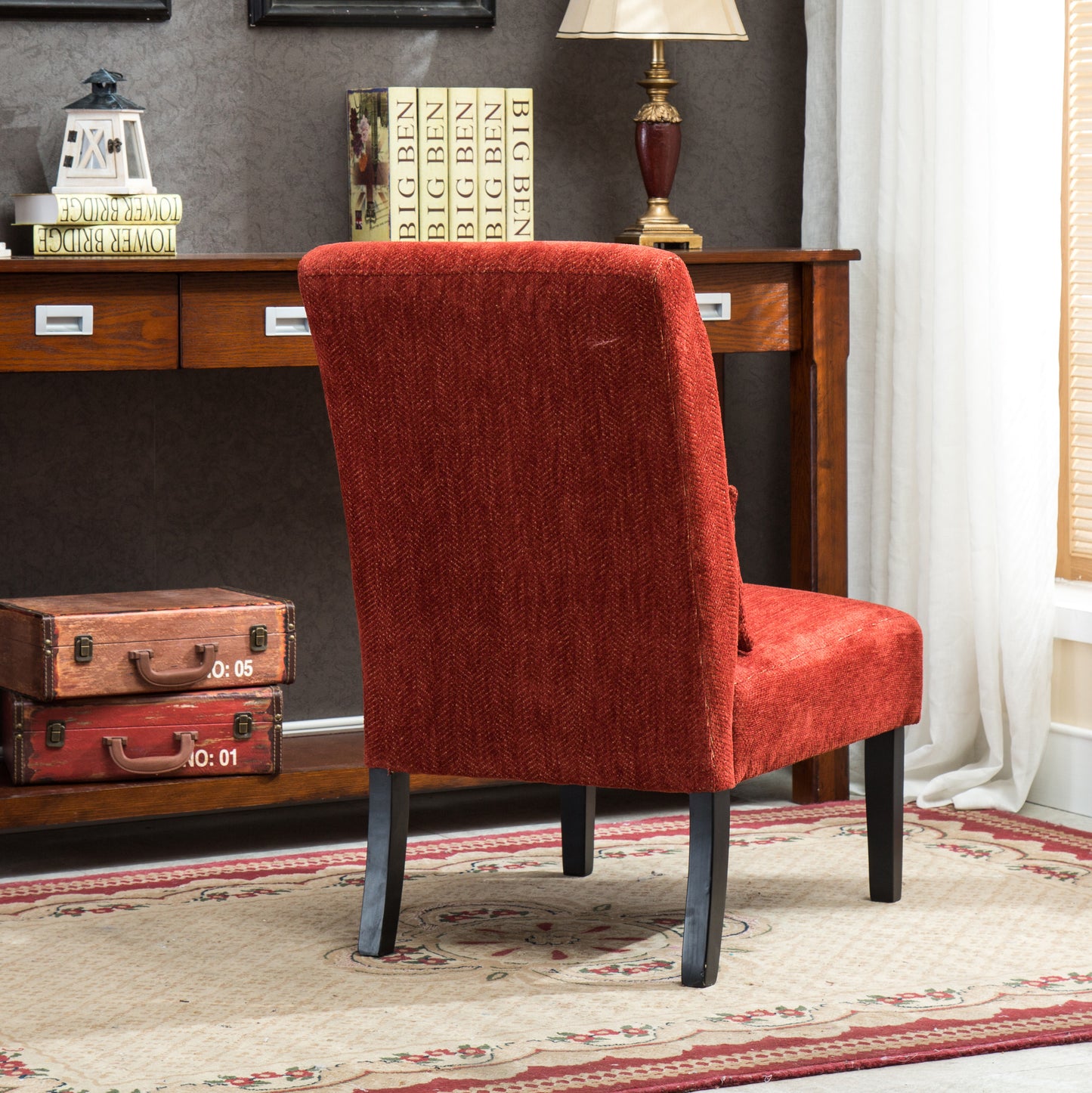 Pisano Red chenille Fabric Armless Contemporary Accent Chair with Pillow