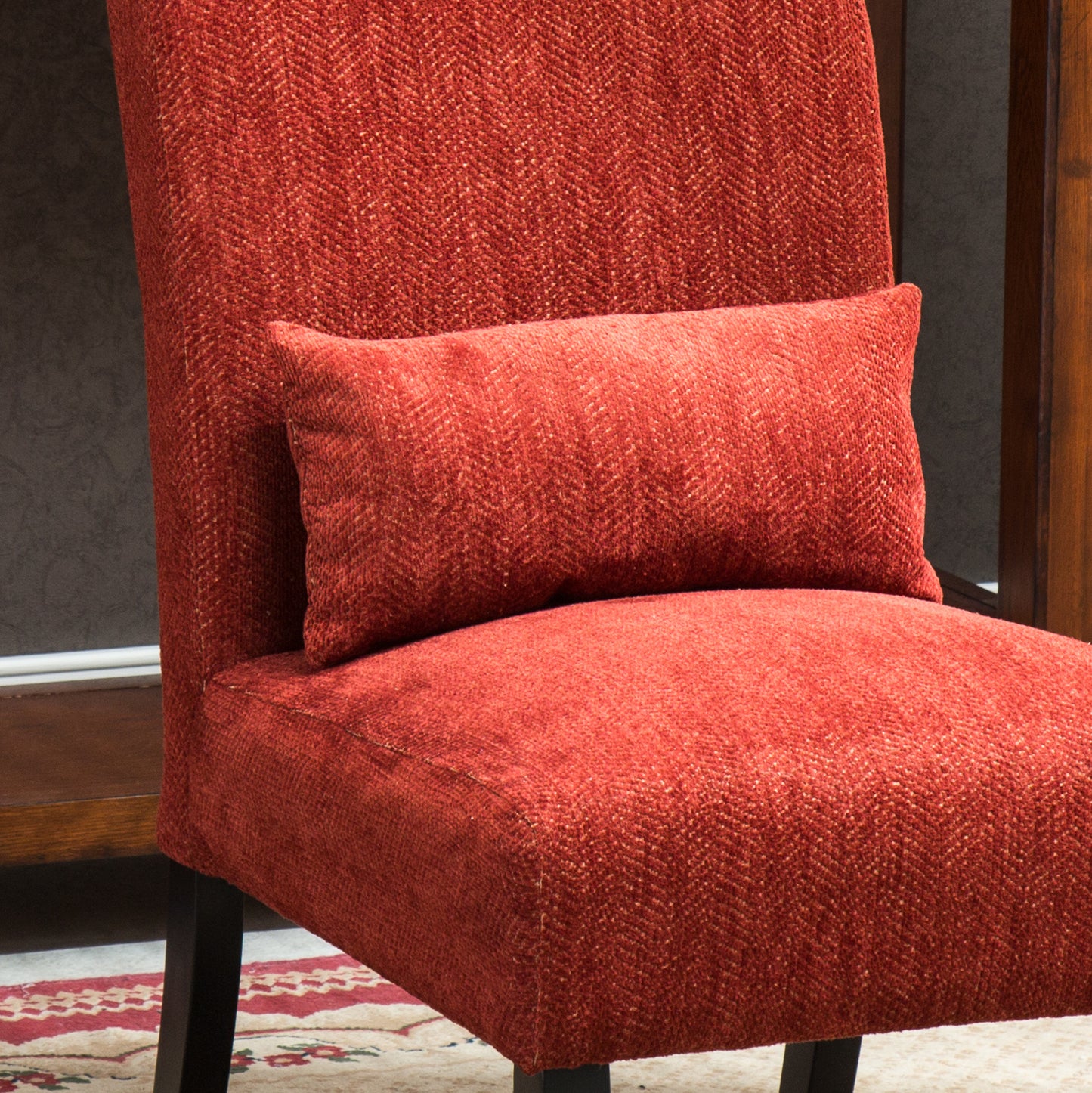 Pisano Red chenille Fabric Armless Contemporary Accent Chair with Pillow