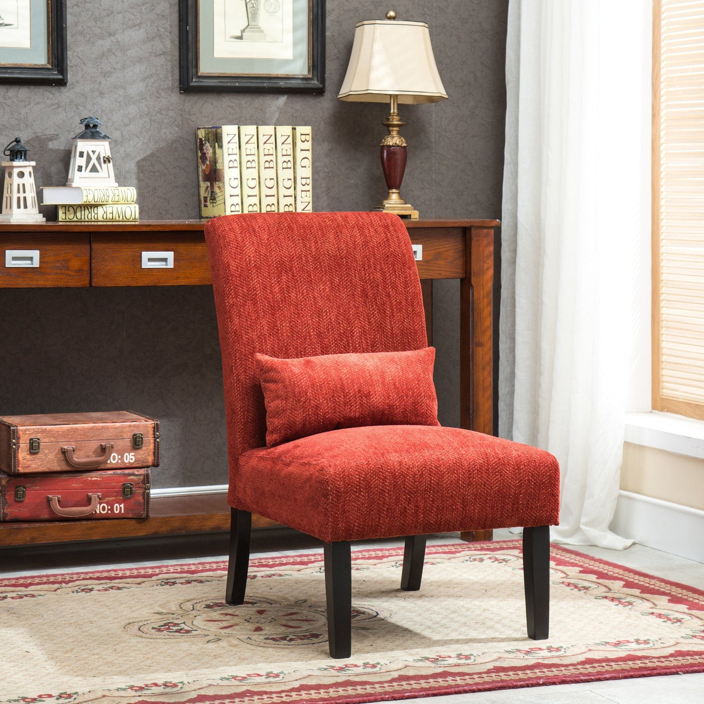 Pisano Red chenille Fabric Armless Contemporary Accent Chair with Pillow