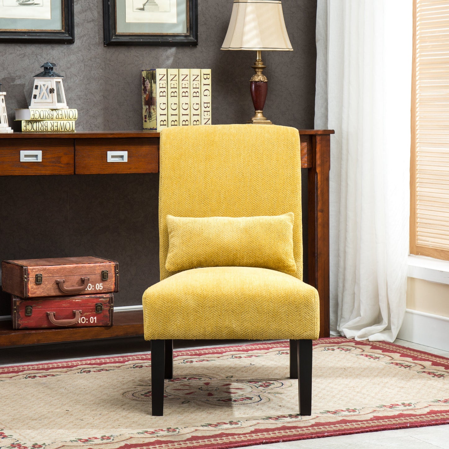 Pisano Yellow chenille Fabric Armless Contemporary Accent Chair with Pillow