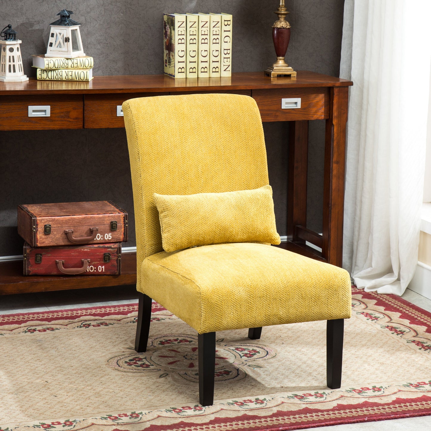 Pisano Yellow chenille Fabric Armless Contemporary Accent Chair with Pillow
