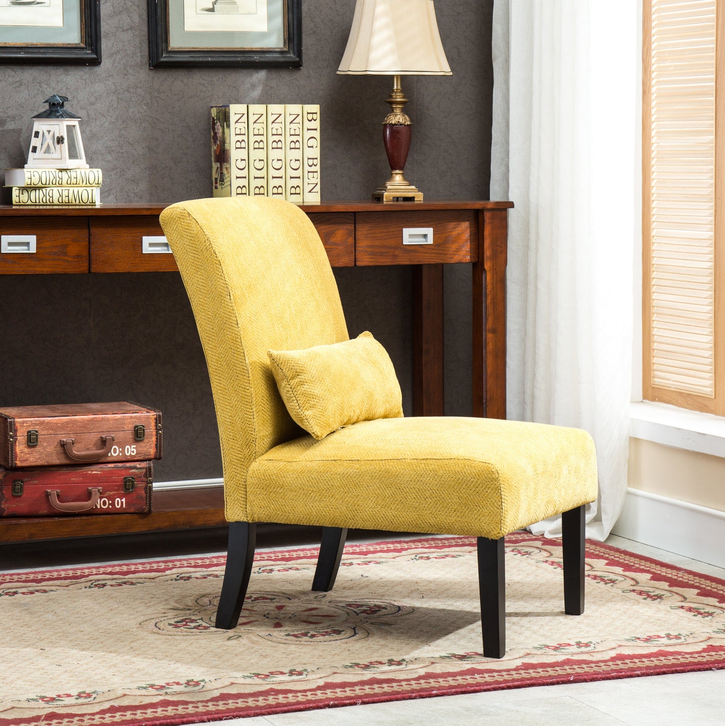 Pisano Yellow chenille Fabric Armless Contemporary Accent Chair with Pillow