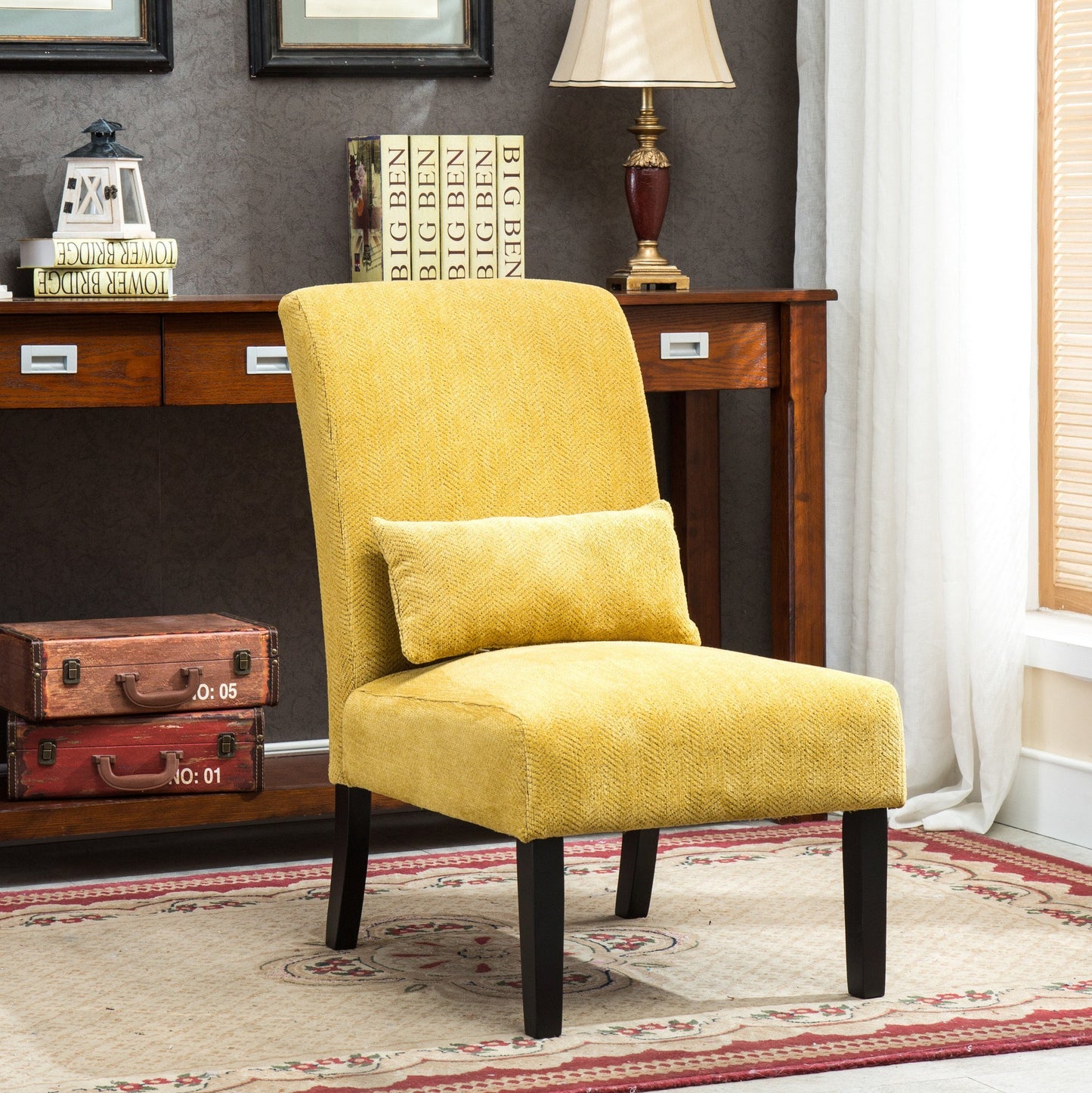 Pisano Yellow chenille Fabric Armless Contemporary Accent Chair with Pillow