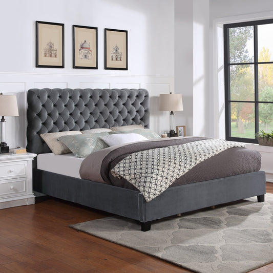 Apoera Velvet Upholstered Button Tufted Bed, Gray