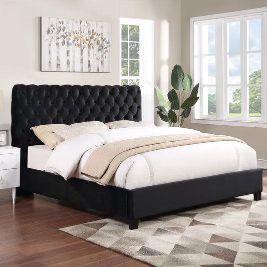 Apoera Velvet Upholstered Button Tufted Bed, Black
