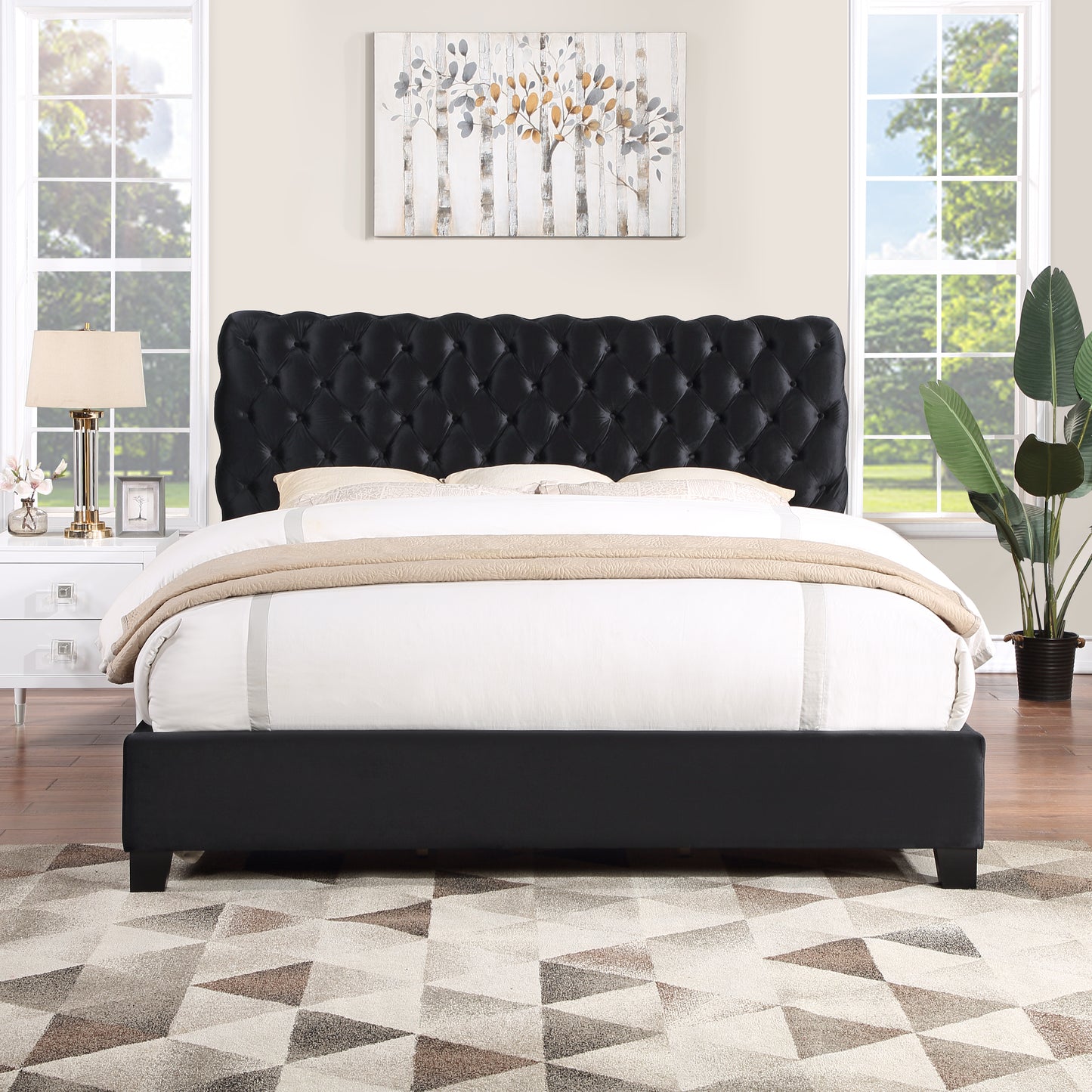 Apoera Velvet Upholstered Button Tufted Bed, Black