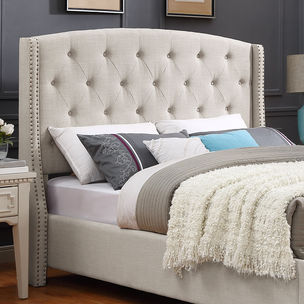 Nantarre Fabric Button Tufted Wingback Upholstered Bed with Nail Head Trim, Tan