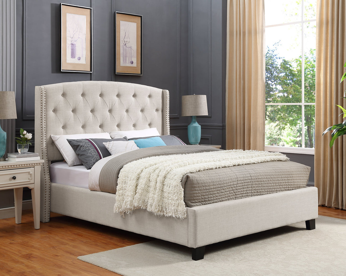 Nantarre Fabric Button Tufted Wingback Upholstered Bed with Nail Head Trim, Tan