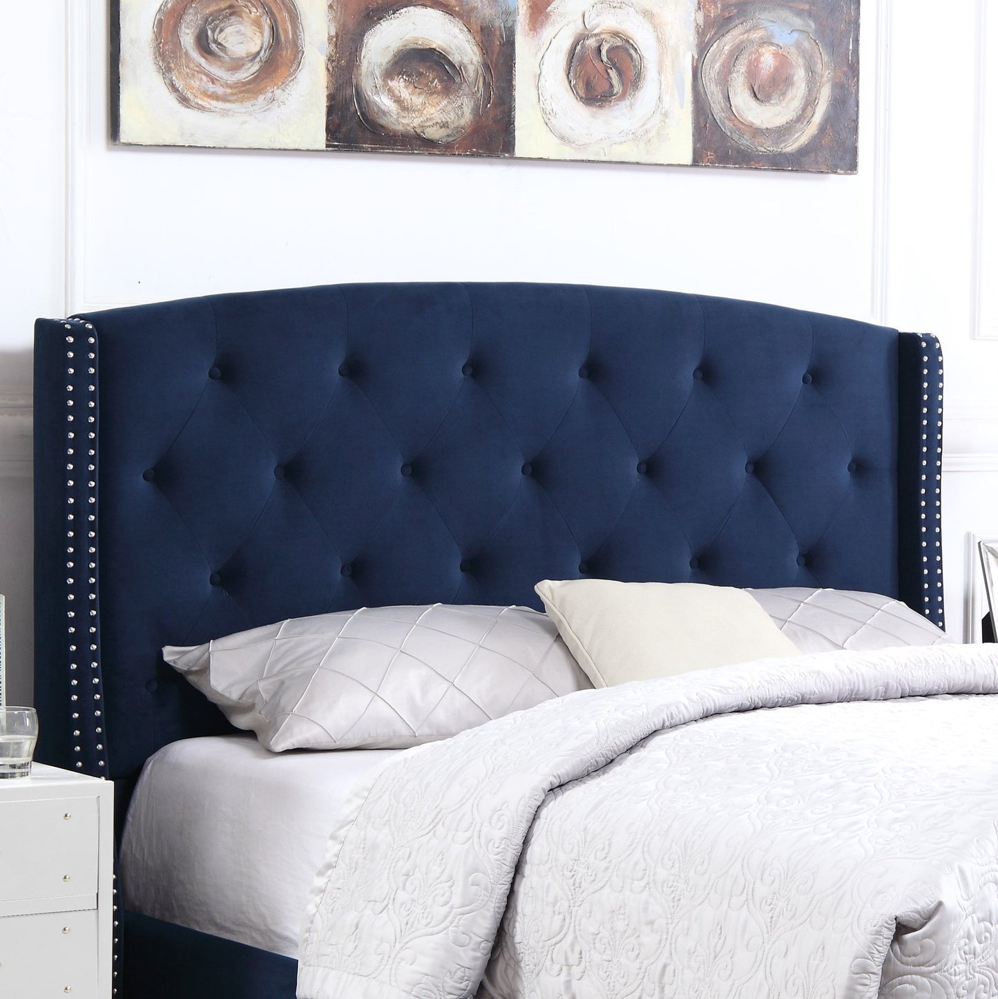 Summit Fabric Button Tufted Wingback Upholstered Bed with Nail Head Trim, Blue
