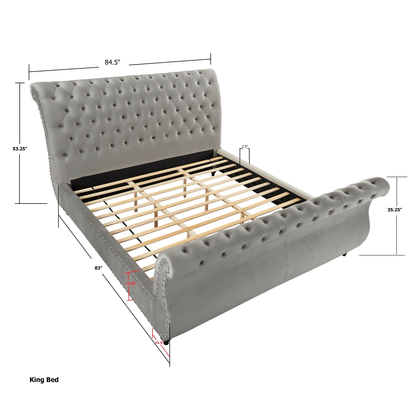 Evora Gray Velvet Upholstered Button Tufted Sleigh Bed