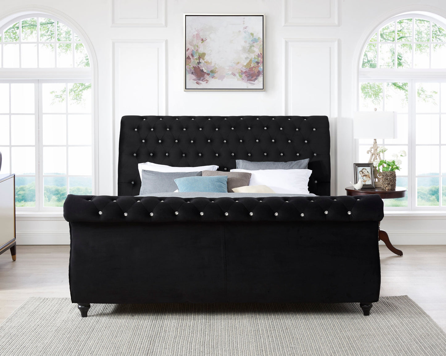 Evora Black Velvet Upholstered Crystal Button Tufted Sleigh Bed