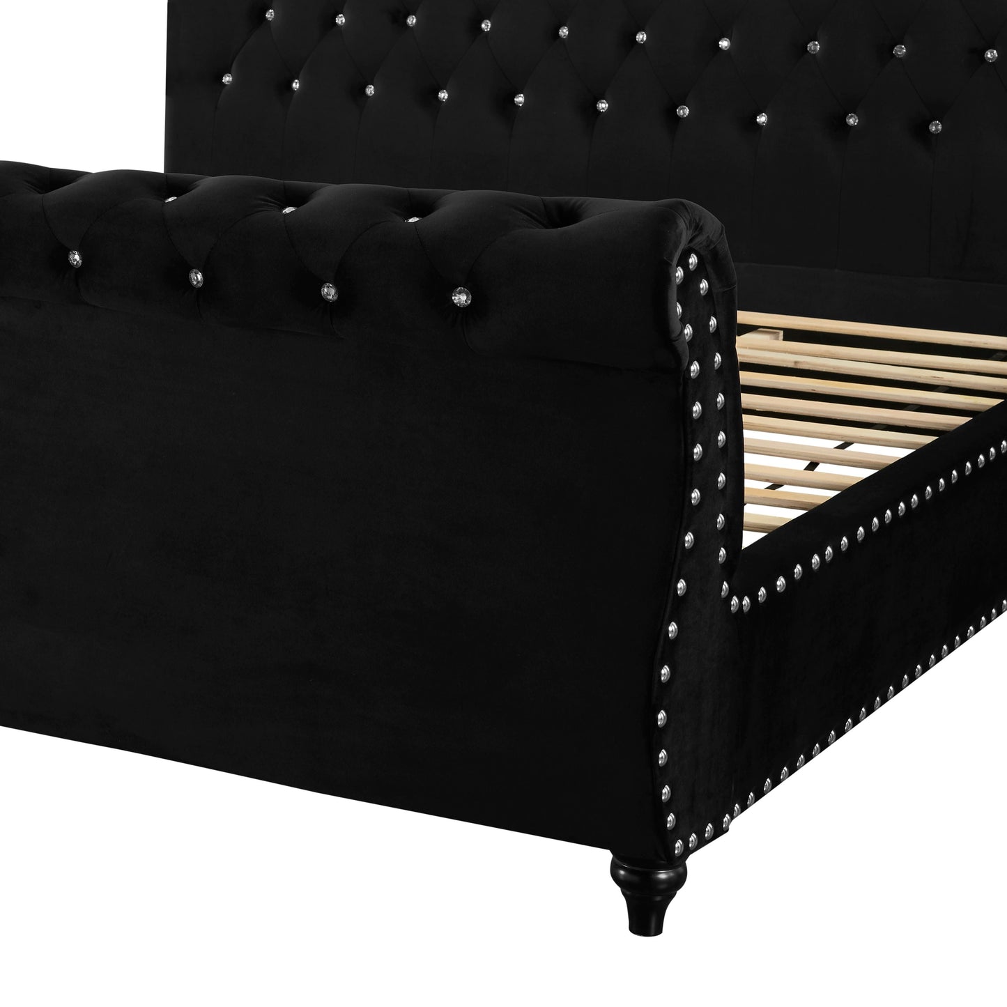 Evora Black Velvet Upholstered Crystal Button Tufted Sleigh Bed