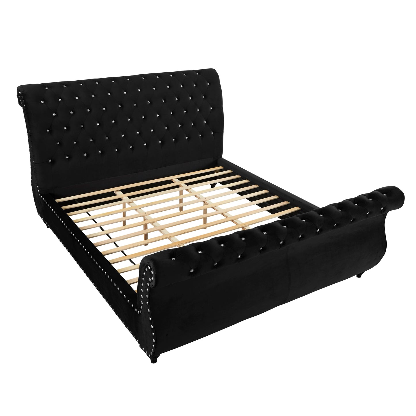 Evora Black Velvet Upholstered Crystal Button Tufted Sleigh Bed