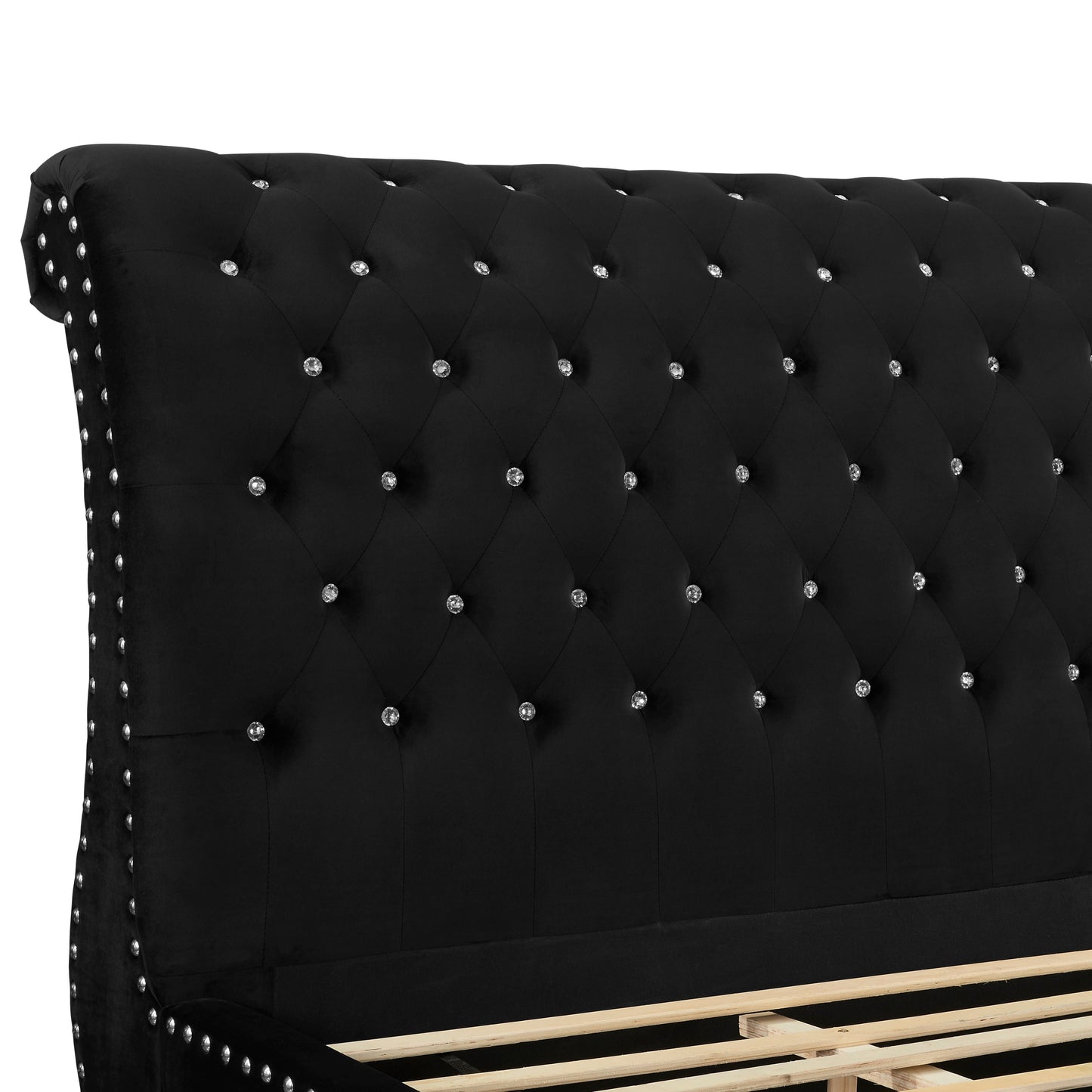 Evora Black Velvet Upholstered Crystal Button Tufted Sleigh Bed