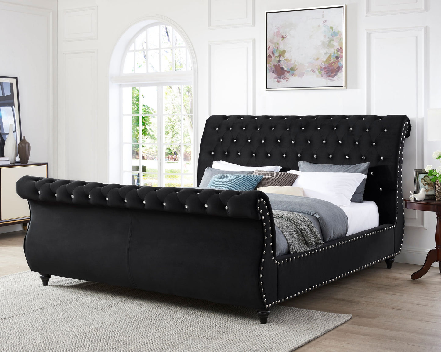 Evora Black Velvet Upholstered Crystal Button Tufted Sleigh Bed