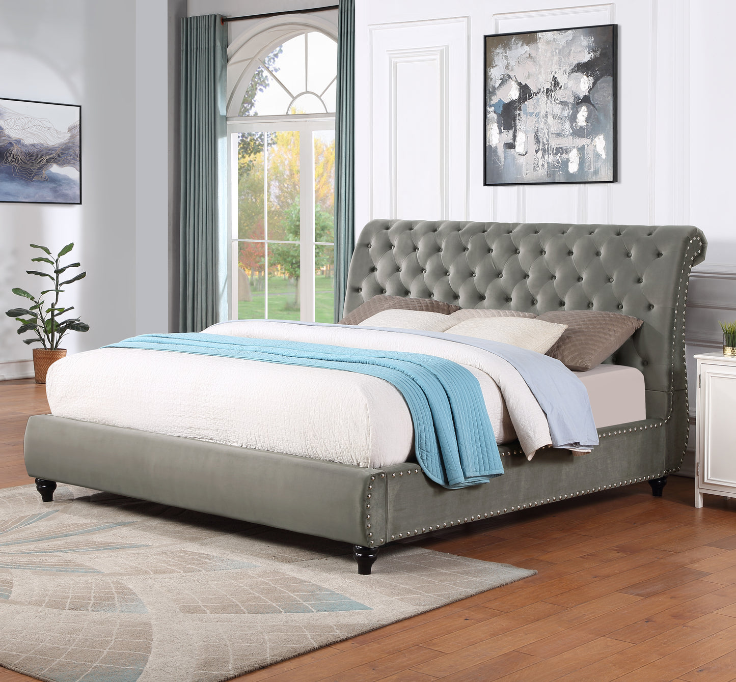 Cerderia Velvet Upholstered Button Tufted Nailhead Trim Sleigh Bed, Gray