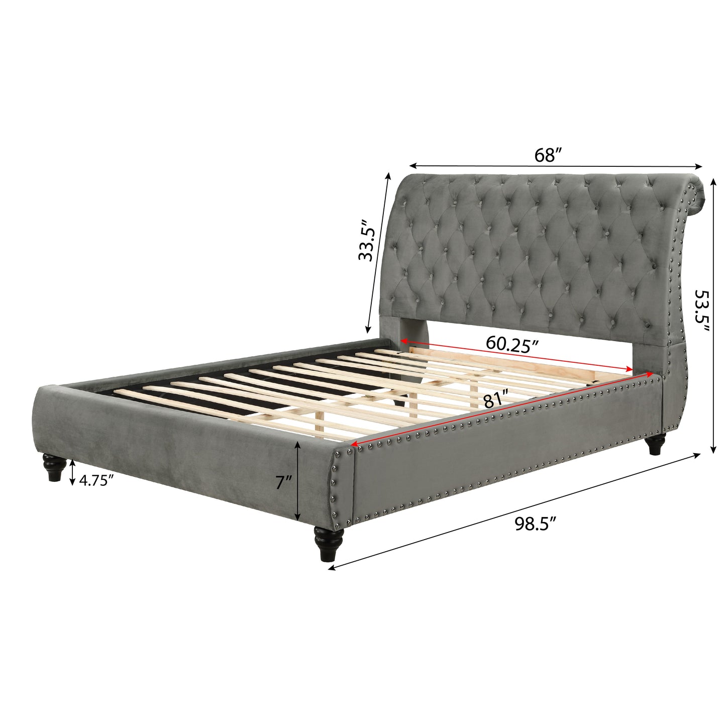 Cerderia Velvet Upholstered Button Tufted Nailhead Trim Sleigh Bed, Gray