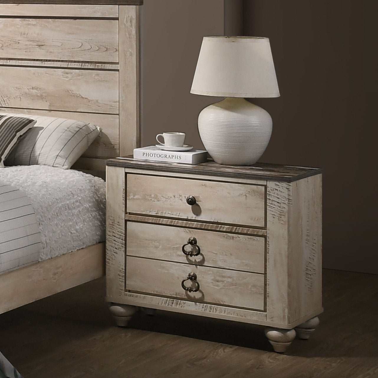 Imerland Contemporary White Wash Finish Patched Wood Top 2-drawer Nightstand