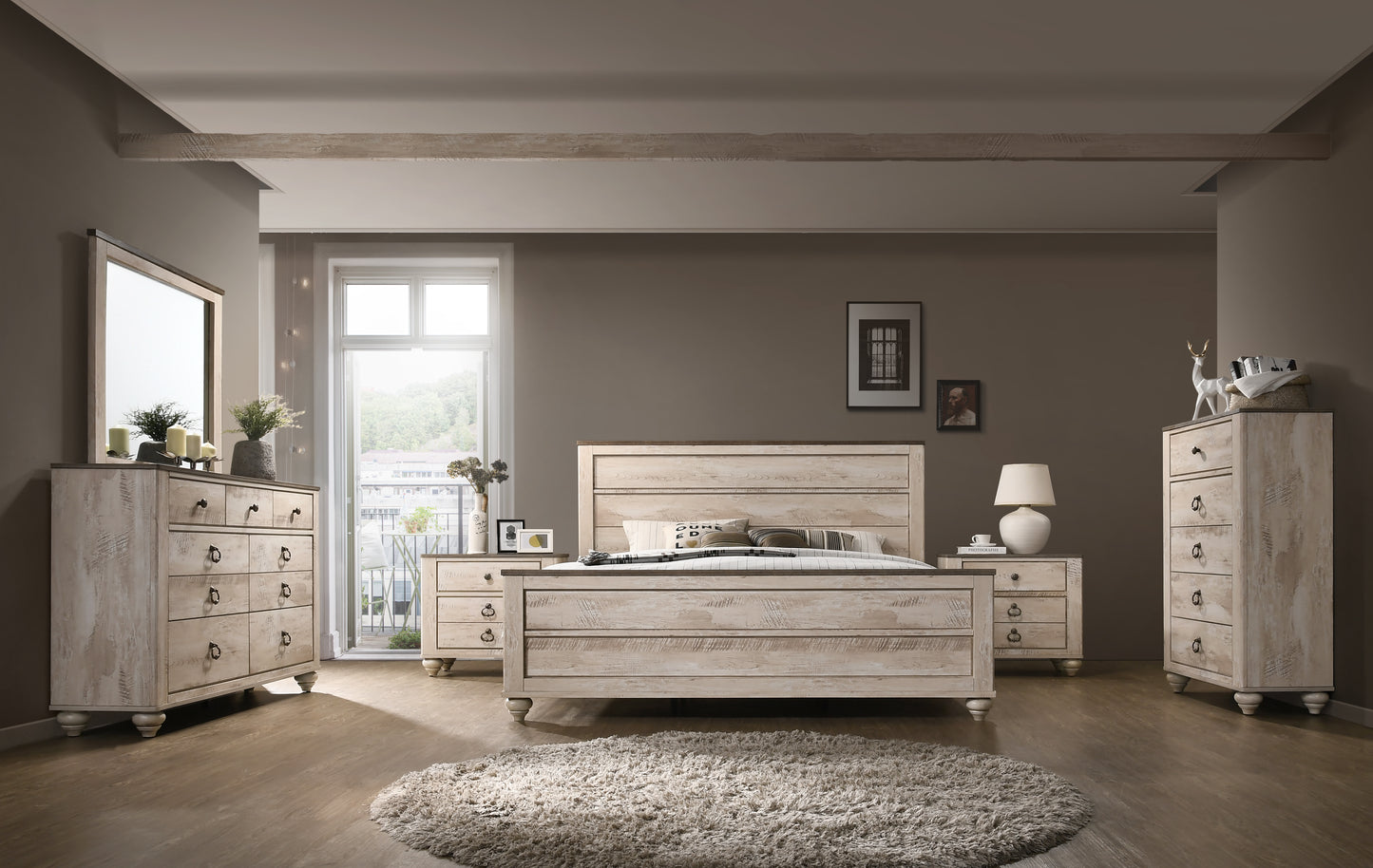 Imerland Contemporary White Wash Finish Bedroom Collection