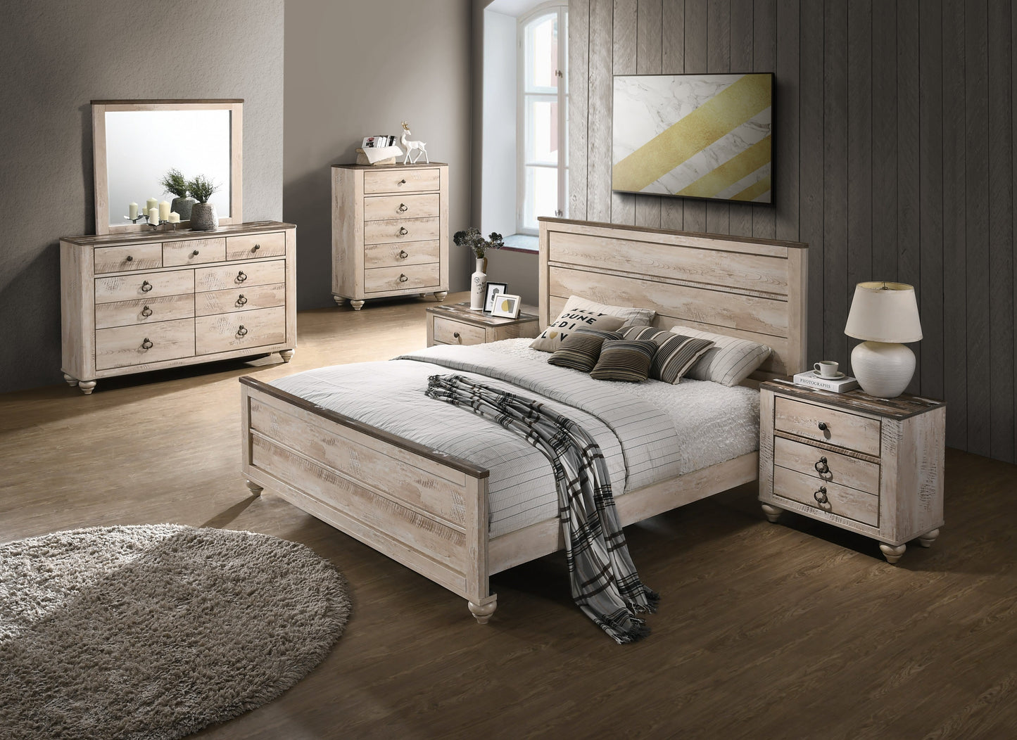 Imerland Contemporary White Wash Finish Bedroom Collection