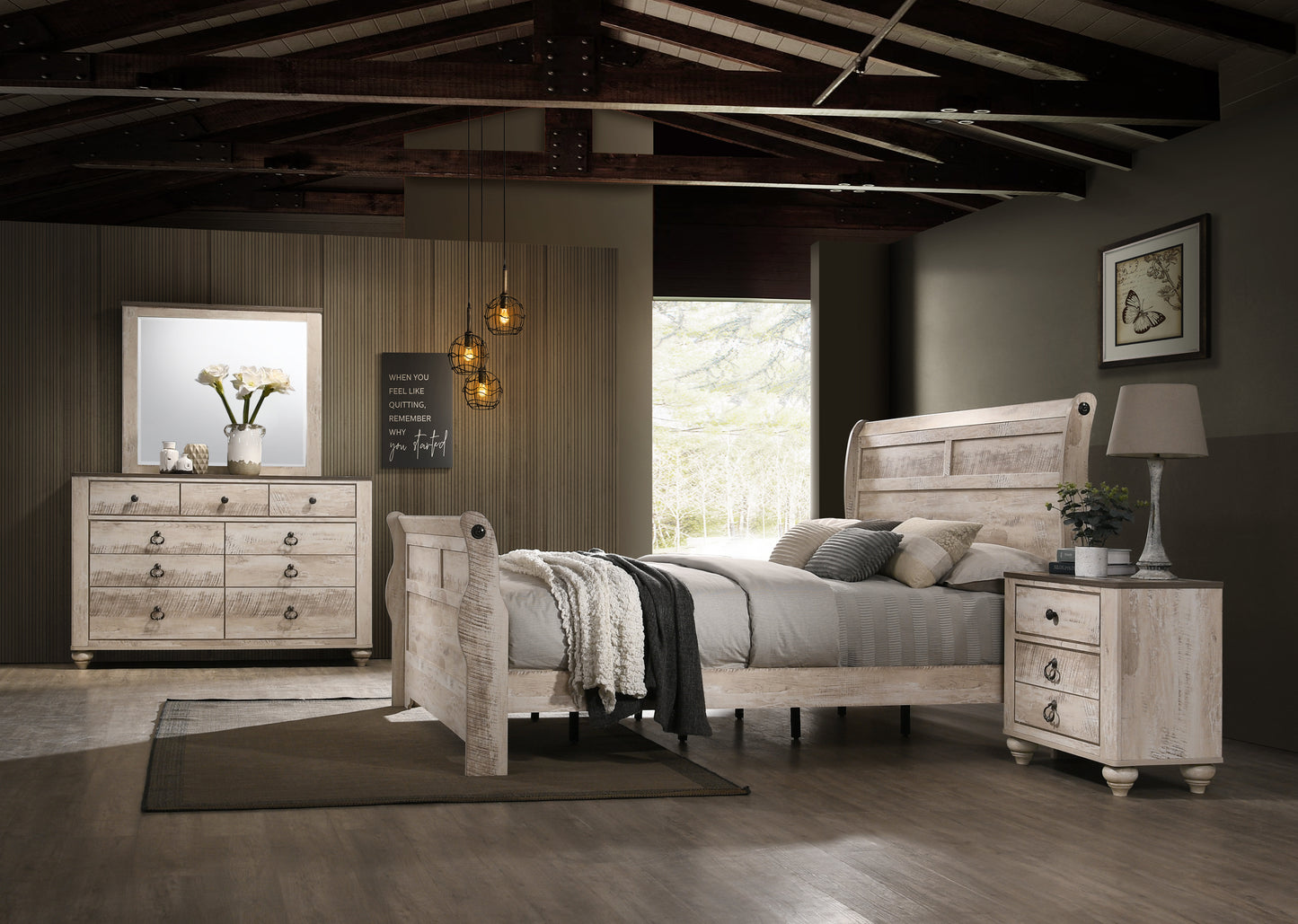 Imerland Contemporary White Wash Finish Bedroom Collection - Sleigh Bed