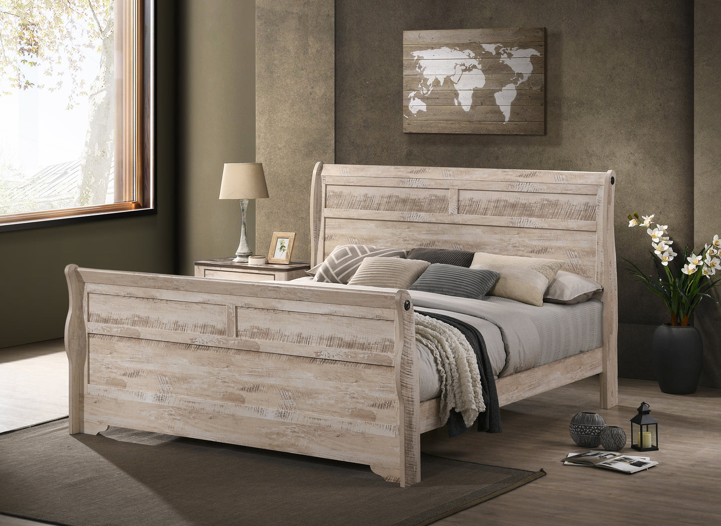 Imerland Contemporary White Wash Finish Bedroom Collection - Sleigh Bed