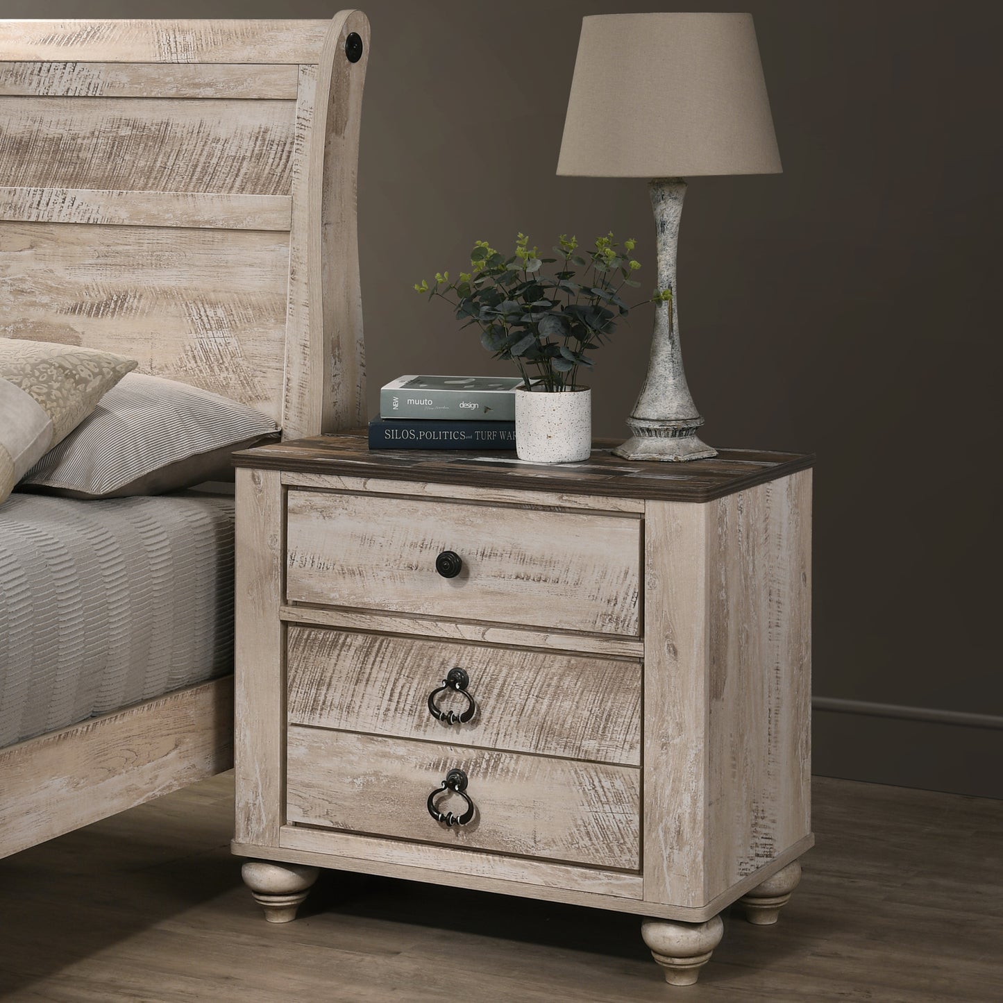 Imerland Contemporary White Wash Finish Bedroom Collection - Sleigh Bed