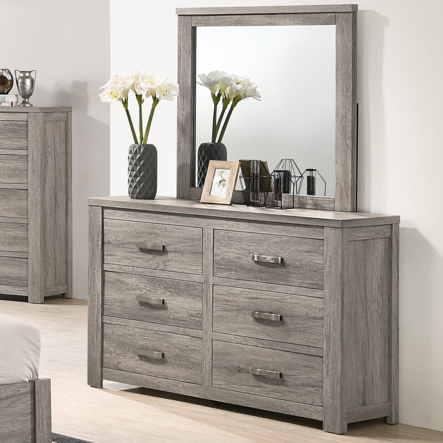 Floren Contemporary Weathered Gray Wood 6-Drawer Dresser with Mirror Roundhill Furniture Floren Contemporary Weathered Gray Wood 6-Drawer Dresser with Mirror Roundhill Furniture