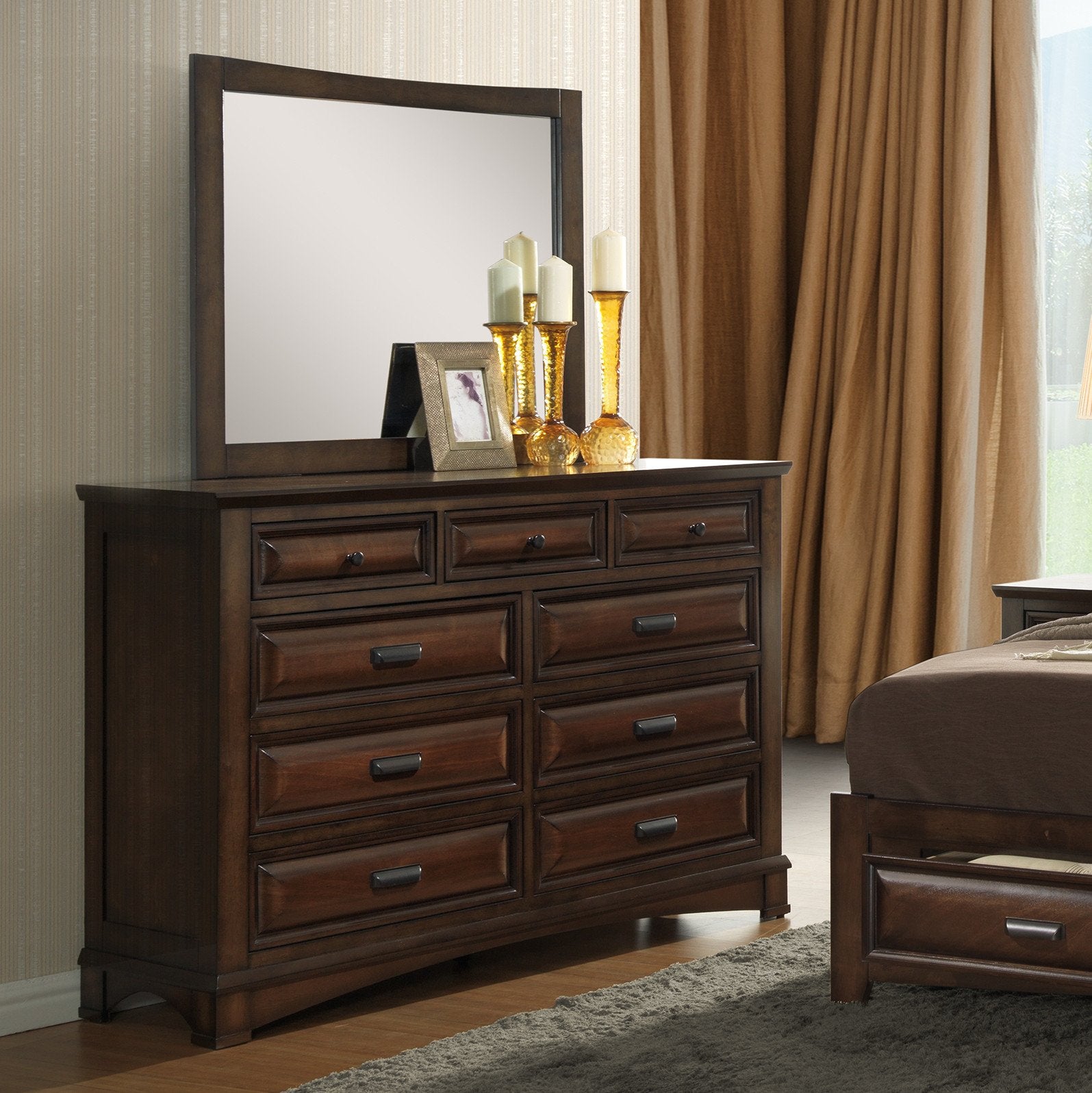 Broval 179 Light Espresso Finish Wood 9 Drawers Dresser and Mirror Roundhill Furniture Broval 179 Light Espresso Finish Wood 9 Drawers Dresser and Mirror Roundhill Furniture