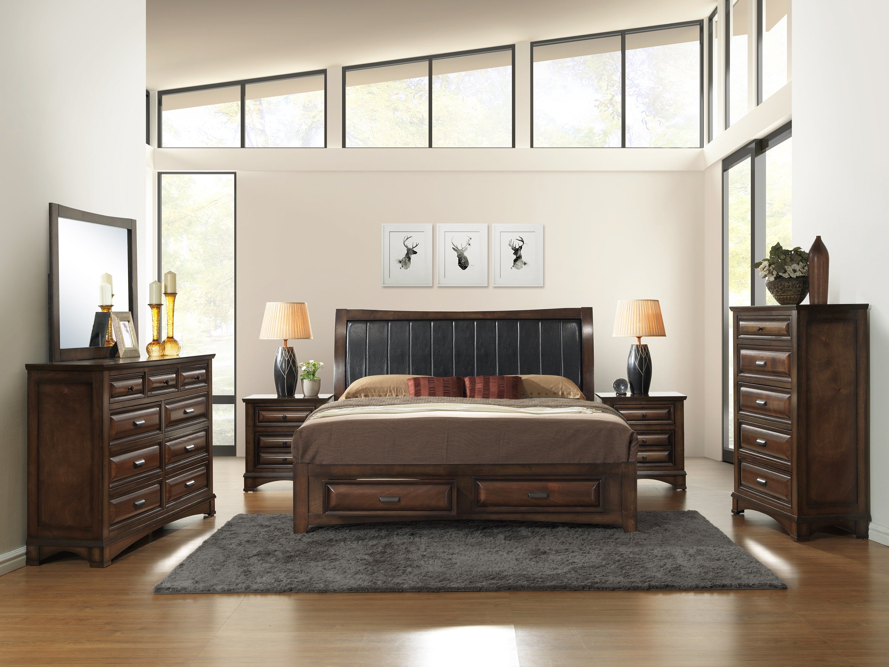 Roundhill Furniture Stout Panel Bedroom Set with Bed, Dresser, Mirror, Night Stand, Chest - Queen