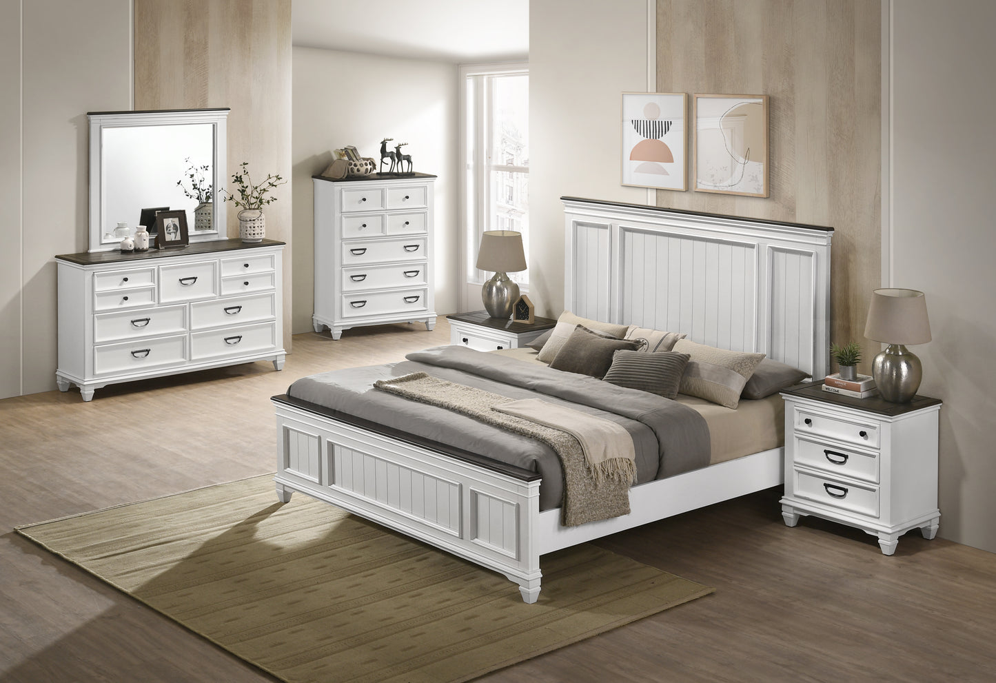 Clelane Wood Bedroom Set with Shiplap Panel Bedroom Collection, Weathered White and Gray