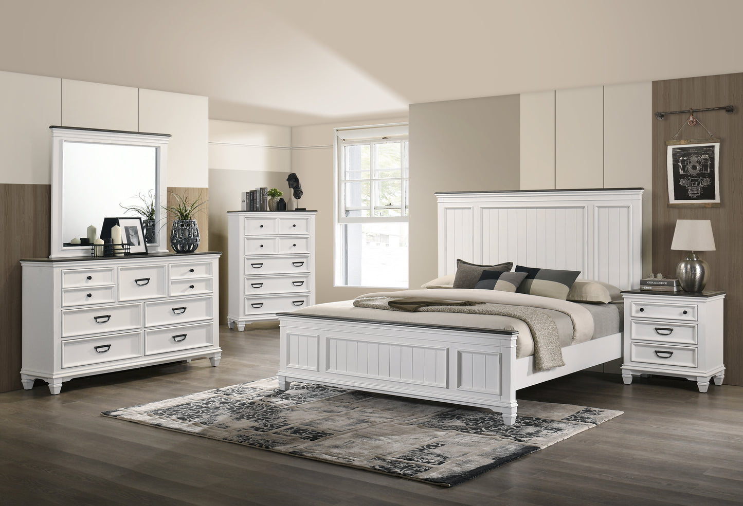 Clelane Wood Bedroom Set with Shiplap Panel Bedroom Collection, Weathered White and Gray