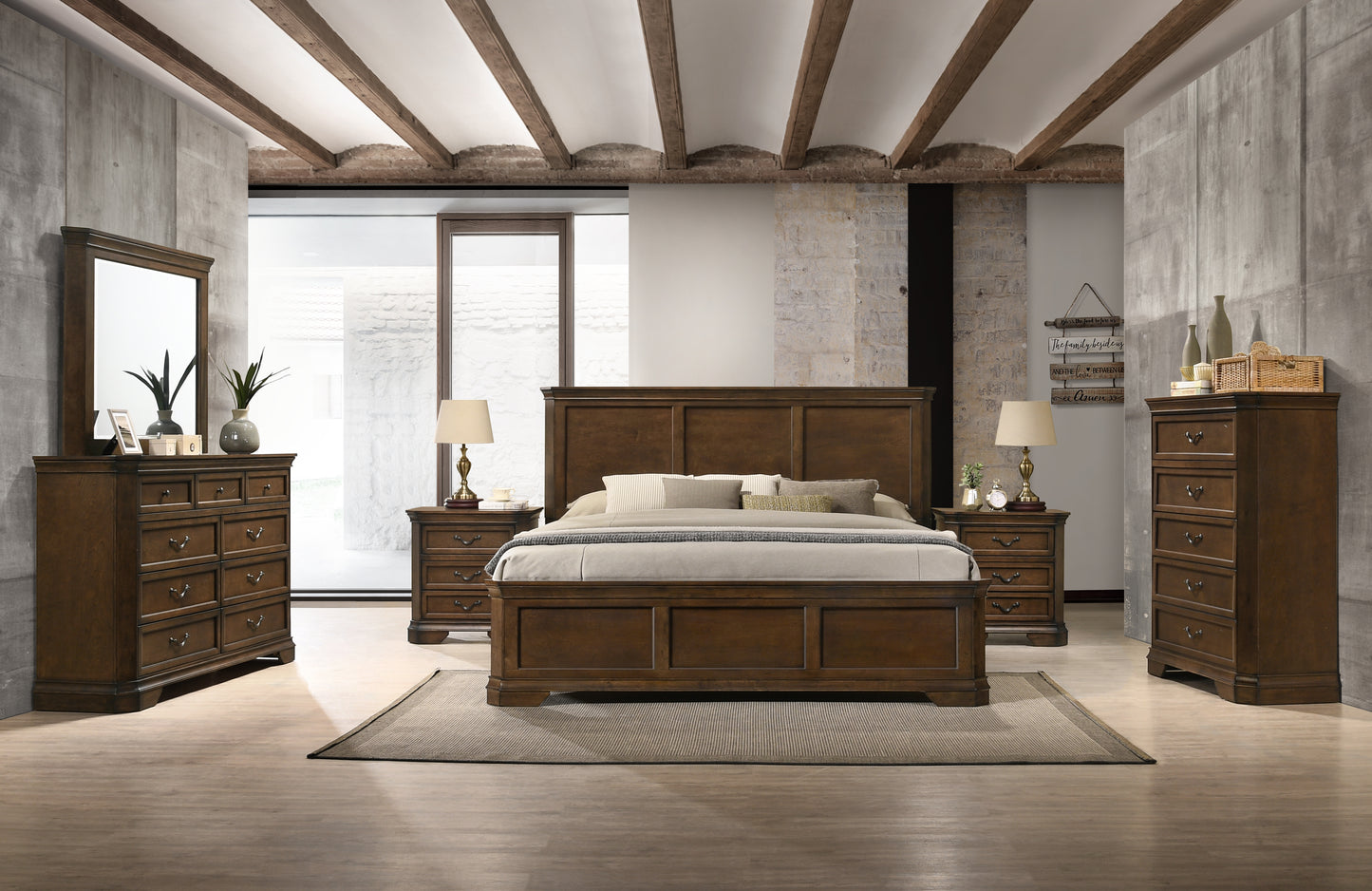 Maderne Traditional Wood Panel Bedroom Collection, Antique Walnut Finish