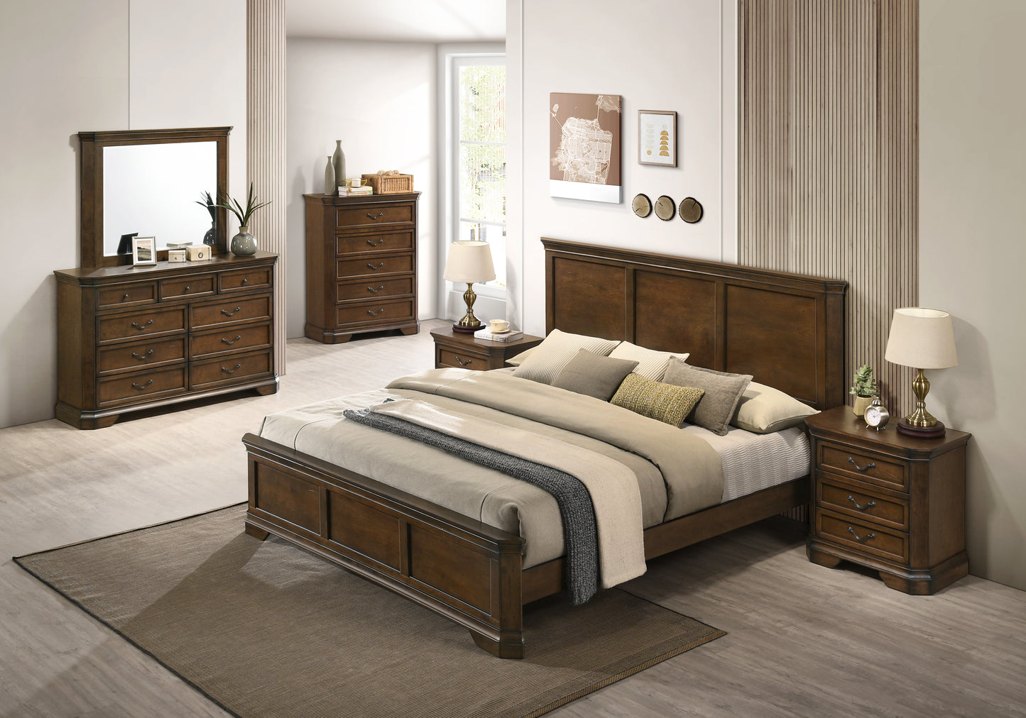 Maderne Traditional Wood Panel Bedroom Collection, Antique Walnut Finish