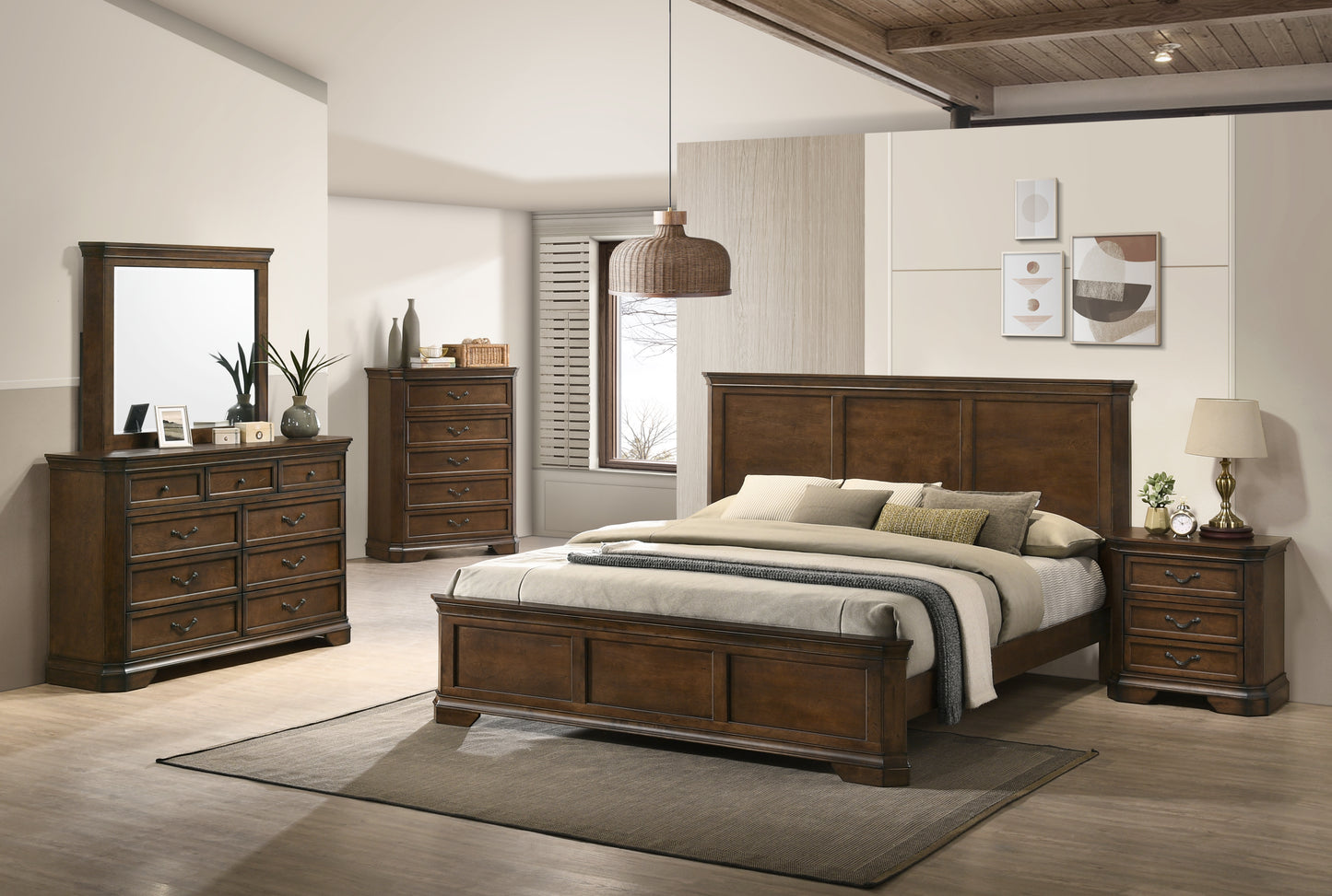 Maderne Traditional Wood Panel Bedroom Collection, Antique Walnut Finish