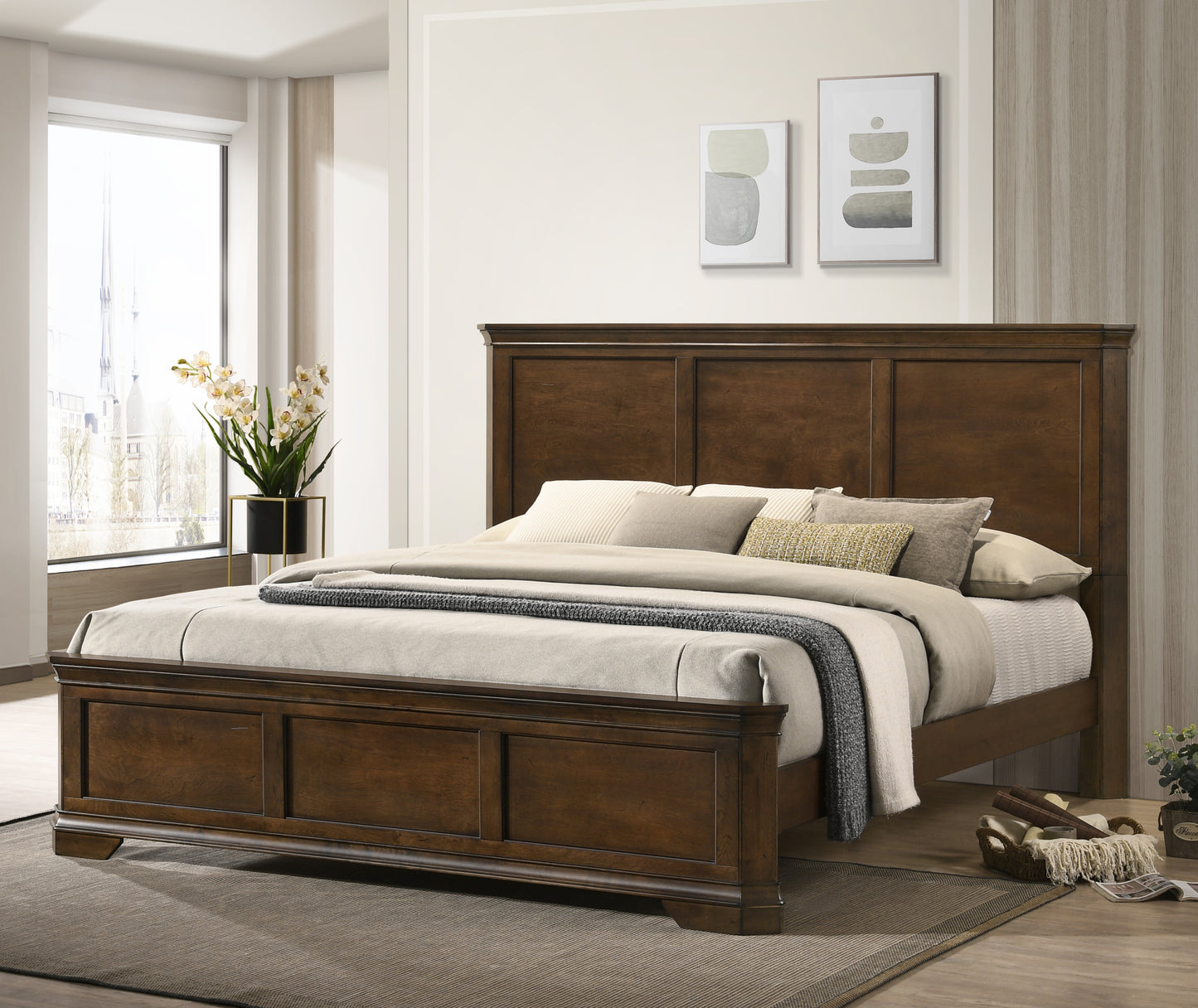 Maderne Traditional Wood Panel Bedroom Collection, Antique Walnut Finish