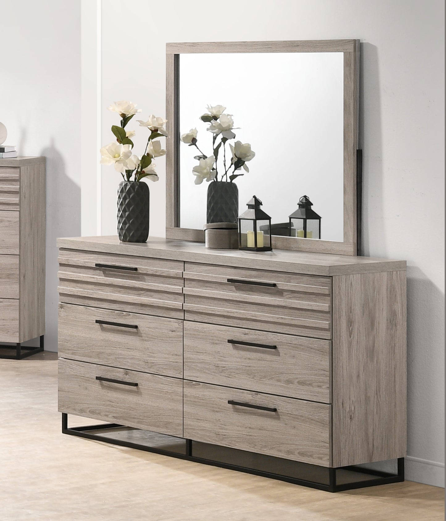 Alvear Contemporary 6-Drawer Dresser with Mirror, Weathered Gray