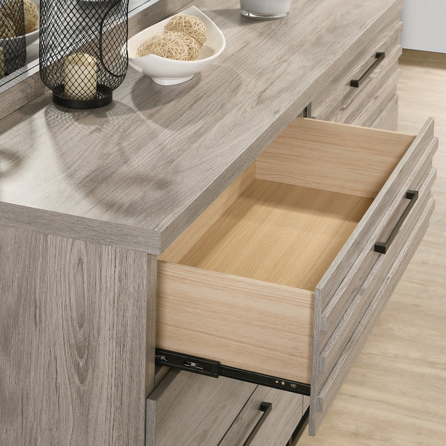 Alvear Contemporary 6-Drawer Dresser with Mirror, Weathered Gray